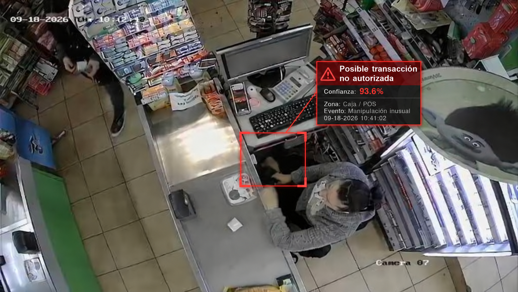 Demostración visual de una caja comercial con una zona de revisión marcada.