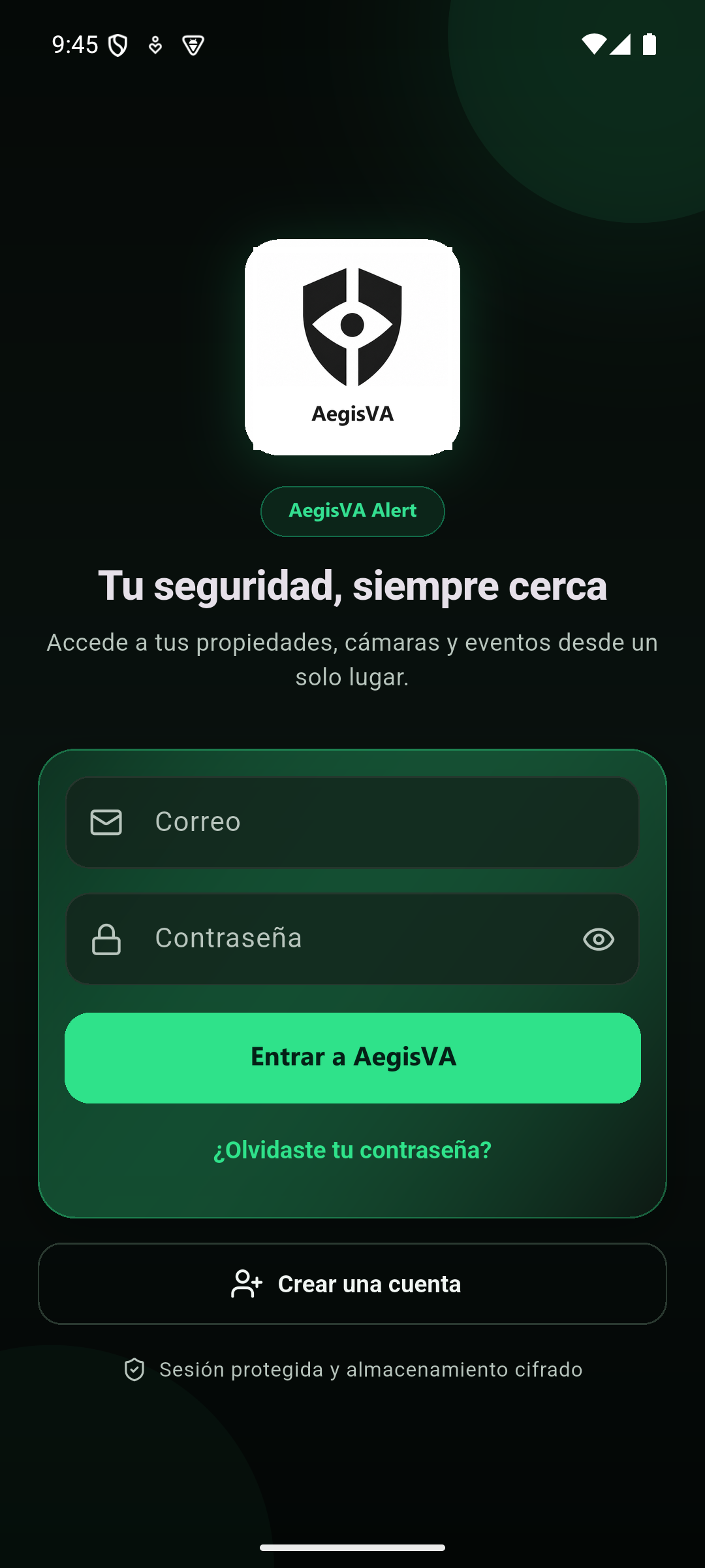 Pantalla de referencia de acceso de AegisVA Alert con correo, contraseña y recuperación de cuenta