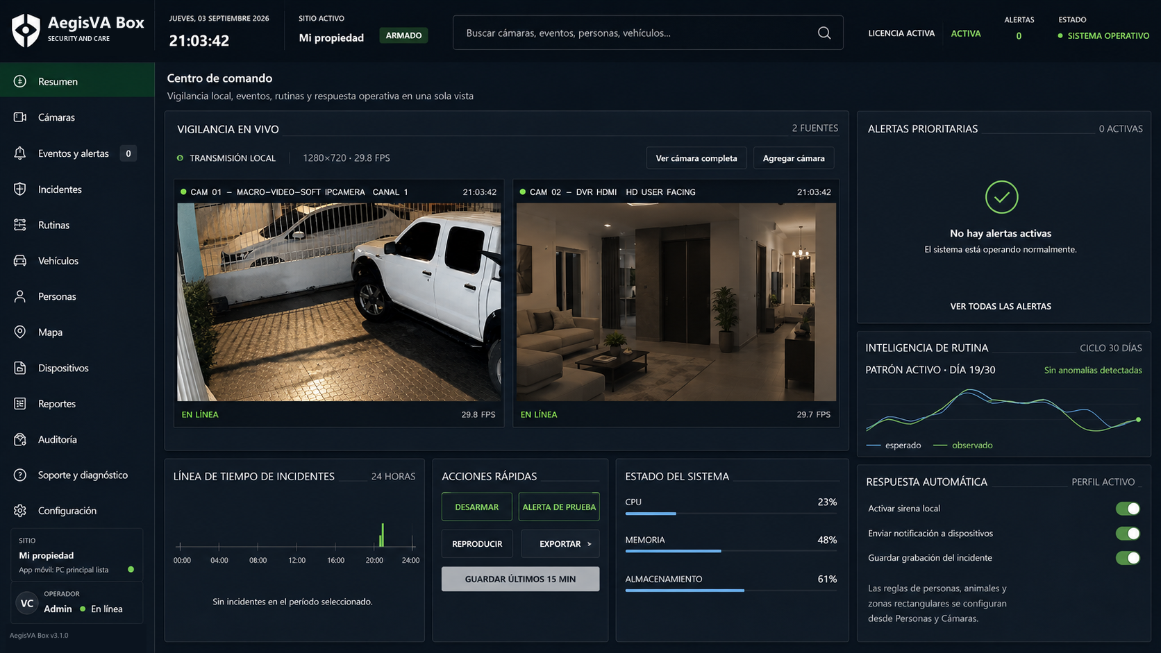 Interfaz de referencia de AegisVA Box con cámaras, incidentes y estado del sistema
