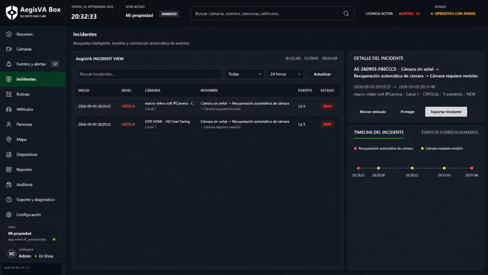 Interfaz de referencia de AegisVA Box: lista de incidentes y línea de tiempo